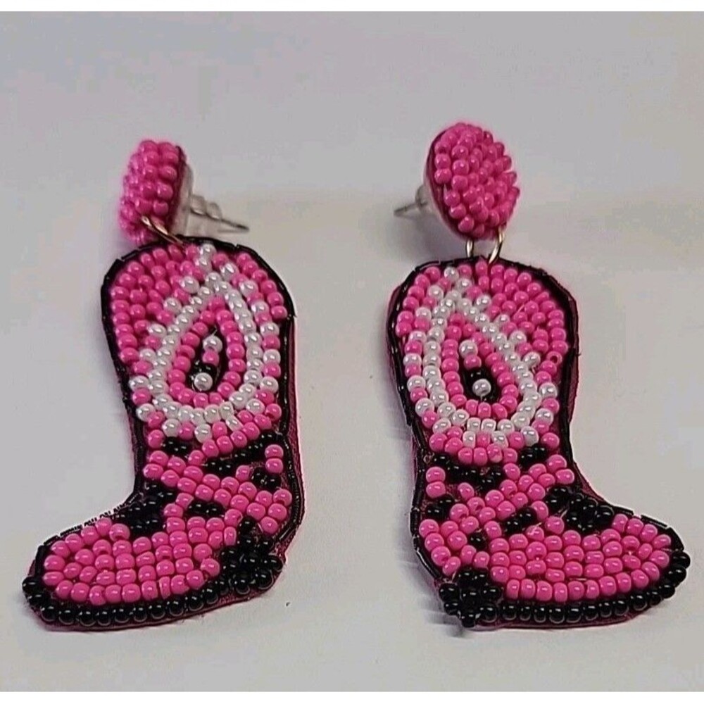 Hot Pink Cowboy Boot Seed Bead Earrings